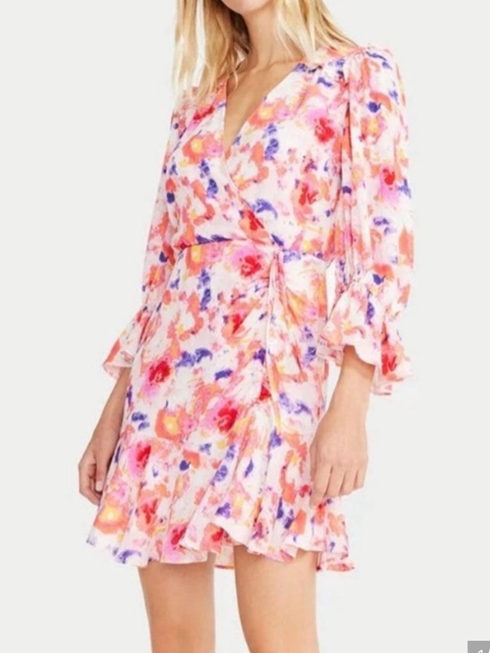 Betsey Johnson multi color floral watercolor print 4 faux wrap Dress ruching.
